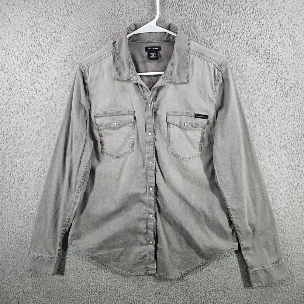 Calvin Klein Jeans Womens Medium Gray Long Sleeve Snap Button Down Western Shirt